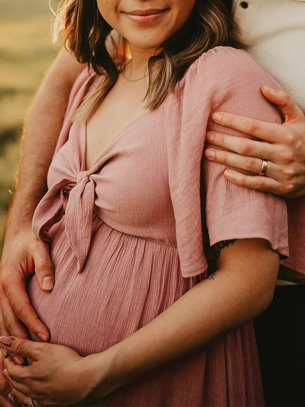 Stilla | Enkelt Farve Lang Maternity Kjole Unik Sløjfe V-hals Strandferie Egnet Til Fotoshoots Elegante Graviditetskjoler