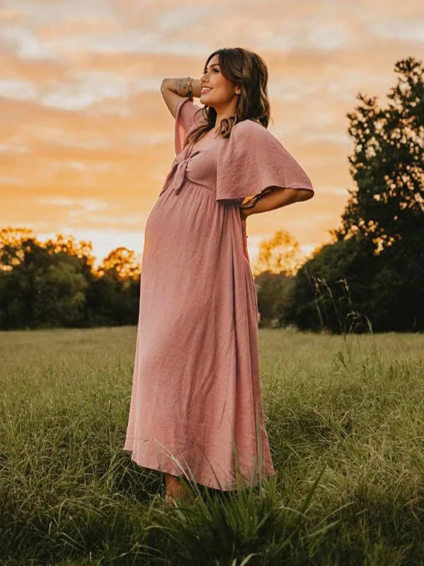 Stilla | Enkelt Farve Lang Maternity Kjole Unik Sløjfe V-hals Strandferie Egnet Til Fotoshoots Elegante Graviditetskjoler