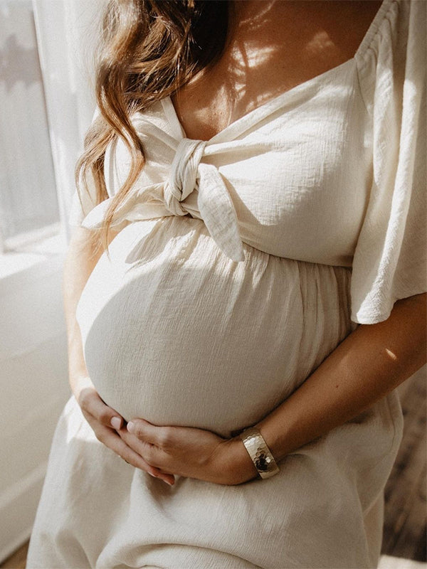 Stilla | Enkelt Farve Lang Maternity Kjole Unik Sløjfe V-hals Strandferie Egnet Til Fotoshoots Elegante Graviditetskjoler