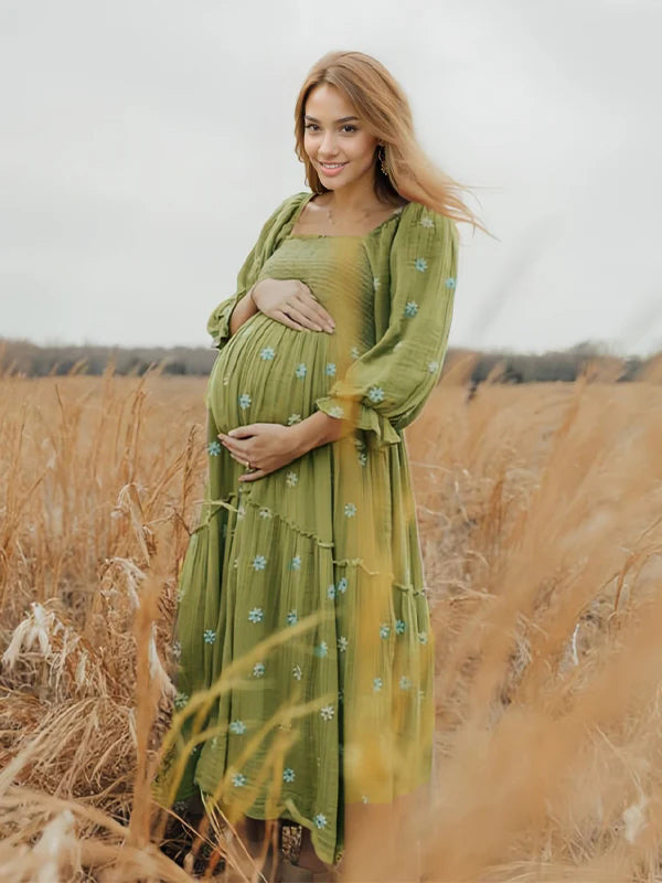 Stilla | Blomstret Print Firkantet Krave Bubble Ærme Elegante Kjoler Til Fotografi Sessions