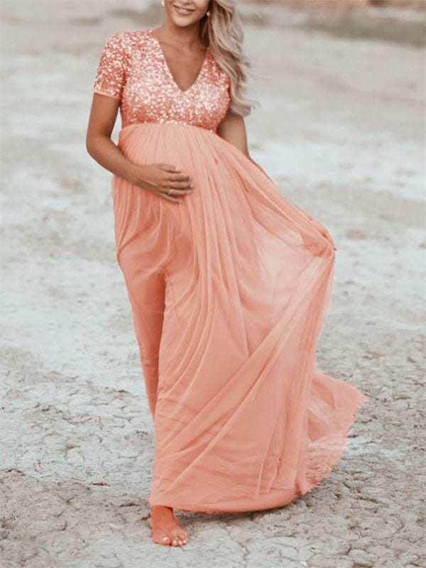 Stilla | Kjole Til Fotoshoot Pailletter Net Maxi Kjole Maternity Mode Kjole Med Pailletter