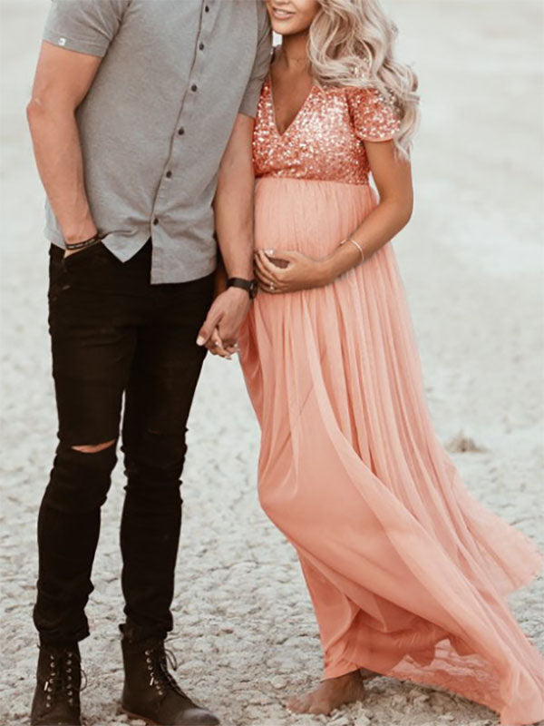 Stilla | Kjole Til Fotoshoot Pailletter Net Maxi Kjole Maternity Mode Kjole Med Pailletter