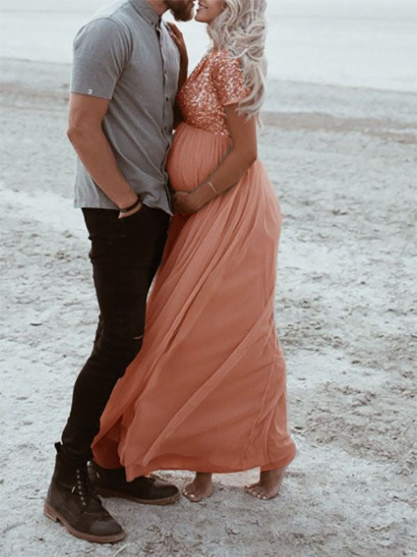 Stilla | Kjole Til Fotoshoot Pailletter Net Maxi Kjole Maternity Mode Kjole Med Pailletter
