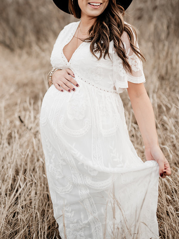 Stilla | Kjoler Til Gravide Fotografi Tjeneste Kjoler Blonde V-hals Maxi Maternity Kjole Elegante Kjole