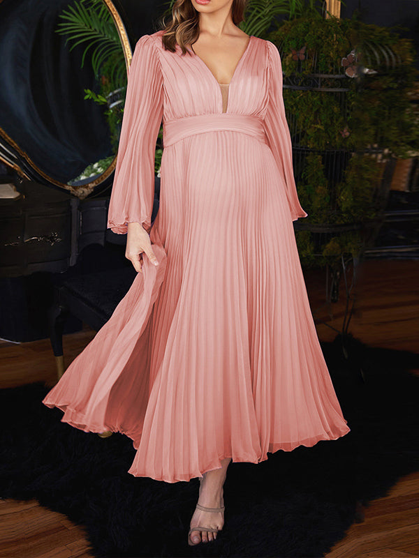 Stilla | Elegante Plisséet Dybt V-udskæring Fest Maxi Kjoler Ceremoni Gravid