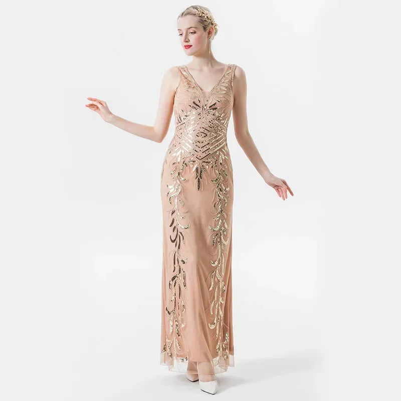 Stilla | Pailletter Ærmeløs Dyb V-Hals Retro Gatsby Kjole