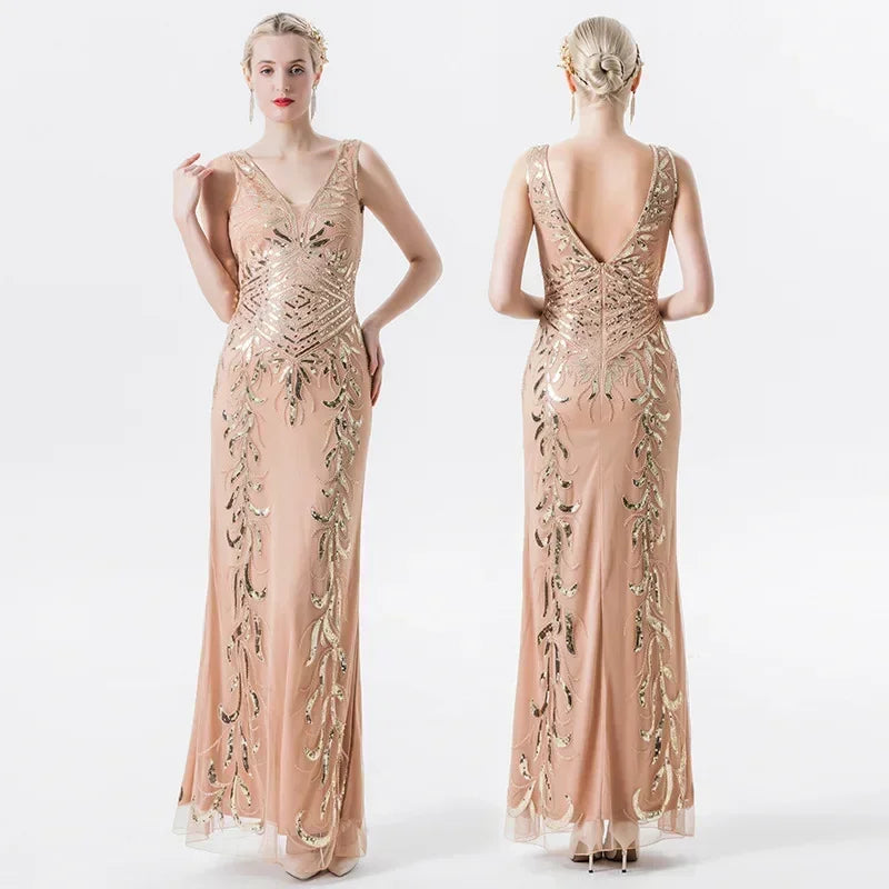 Stilla | Pailletter Ærmeløs Dyb V-Hals Retro Gatsby Kjole