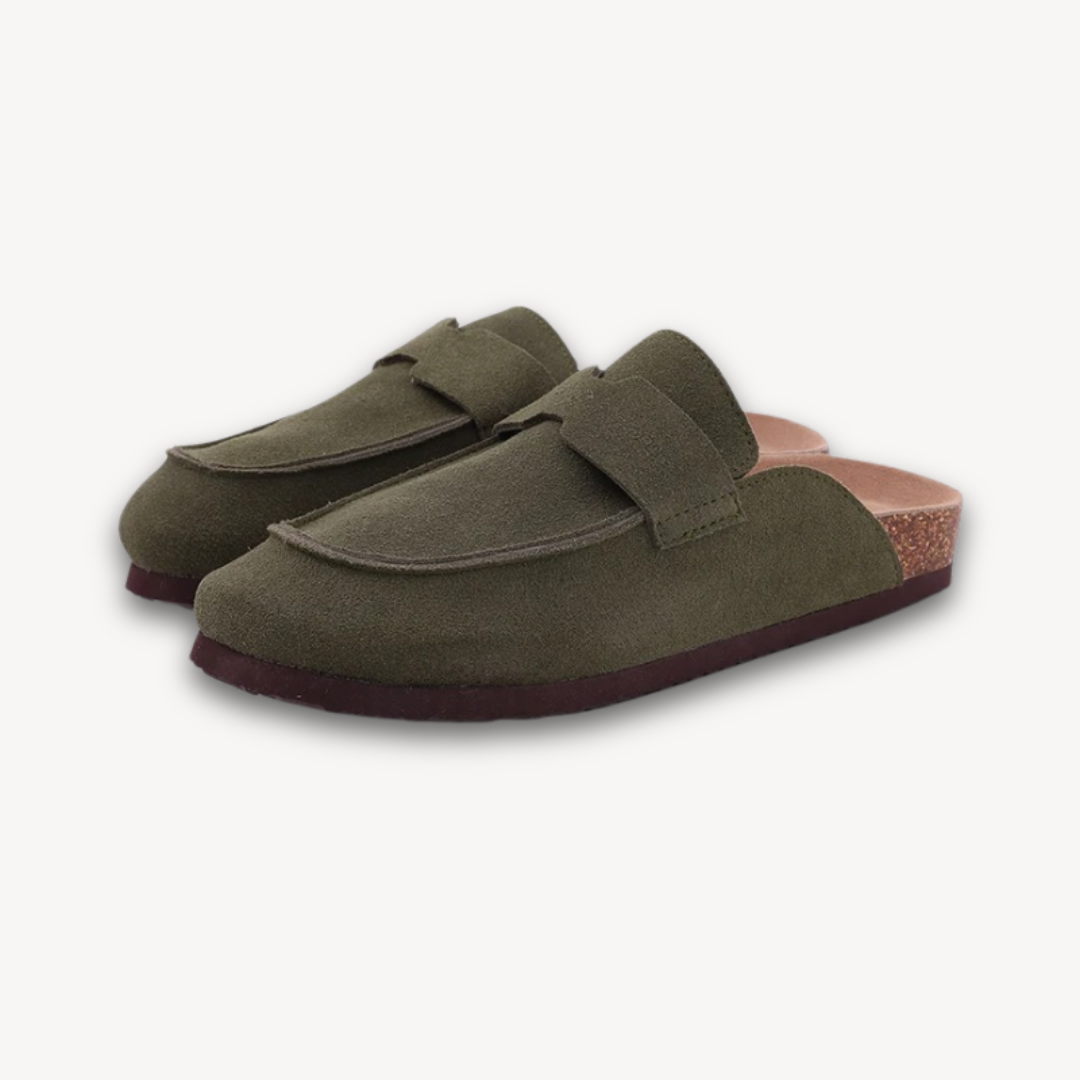 Stilla | Kvinders Træsko Suede Slip on Muler Med Justerbar Spænde Kork Fodbed