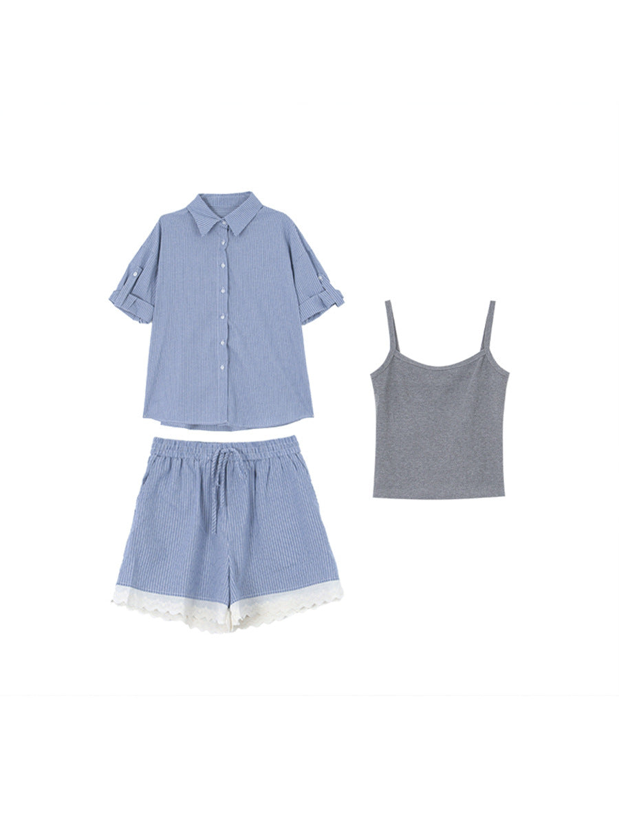 Dame afslappet kortærmet skjorte og shorts sæt med spidse accenter Stilla