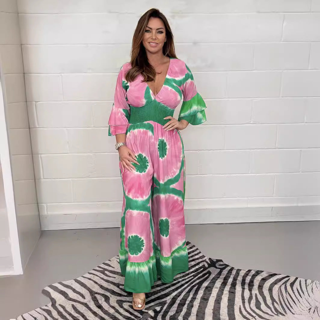 Dame Flydende Bredbenet Maxi-Jumpsuit med Livligt Batikdesign Stilla