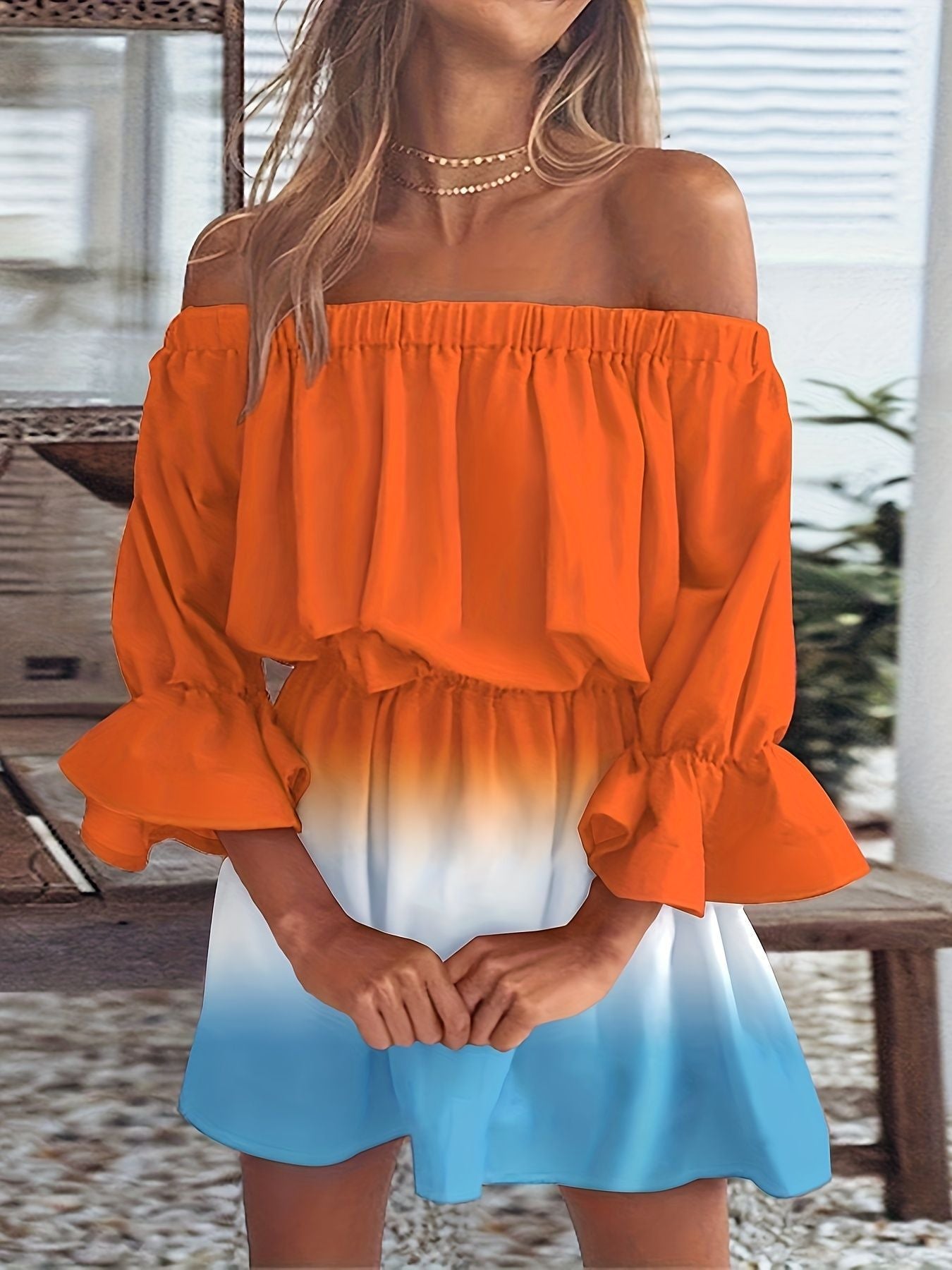 Dame Off-Shoulder Kjole med Rüschedetaljer og elastisk Bund Stilla