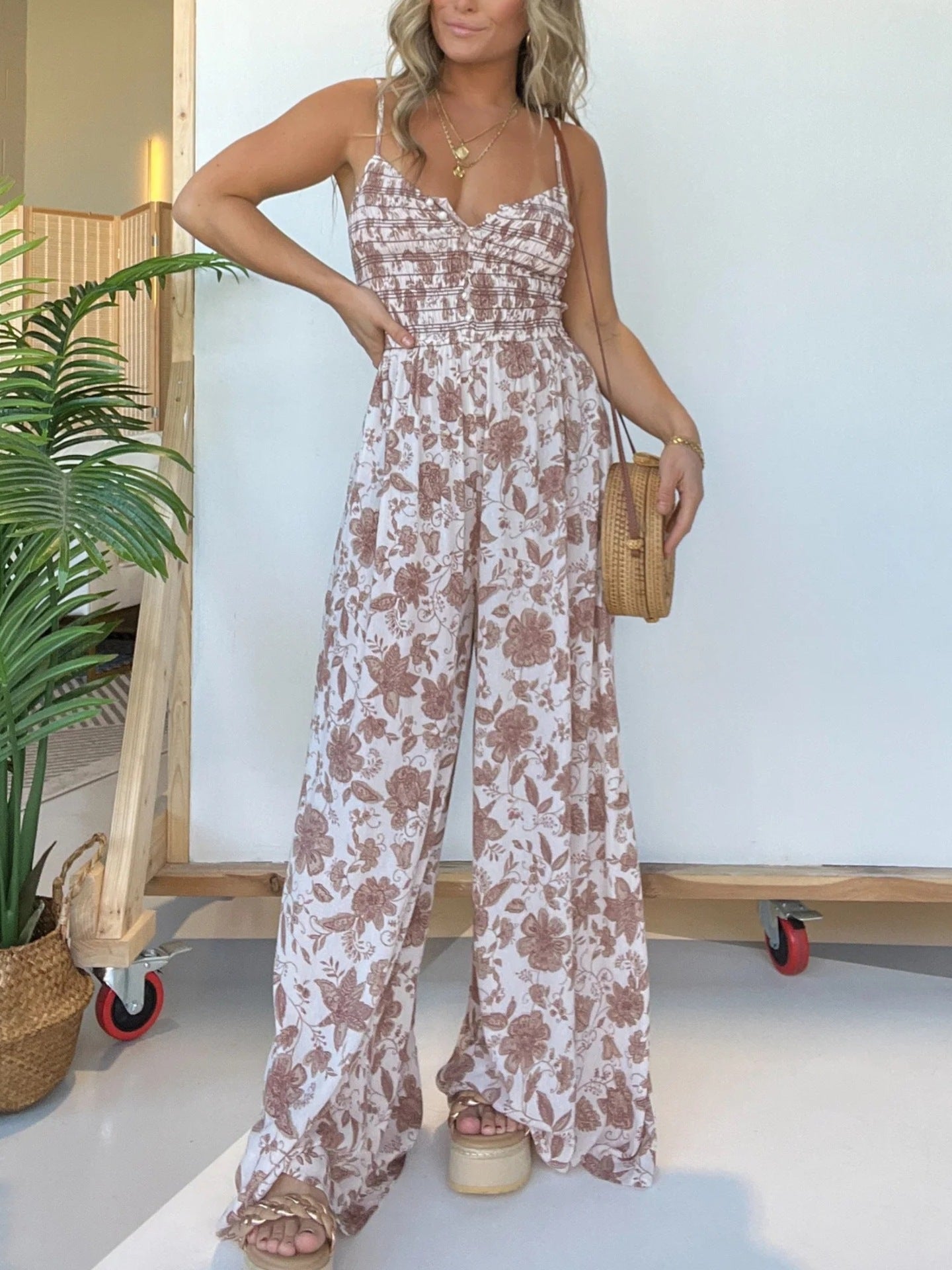 Dame luftig jumpsuit med blomstermønster og elastisk talje Stilla