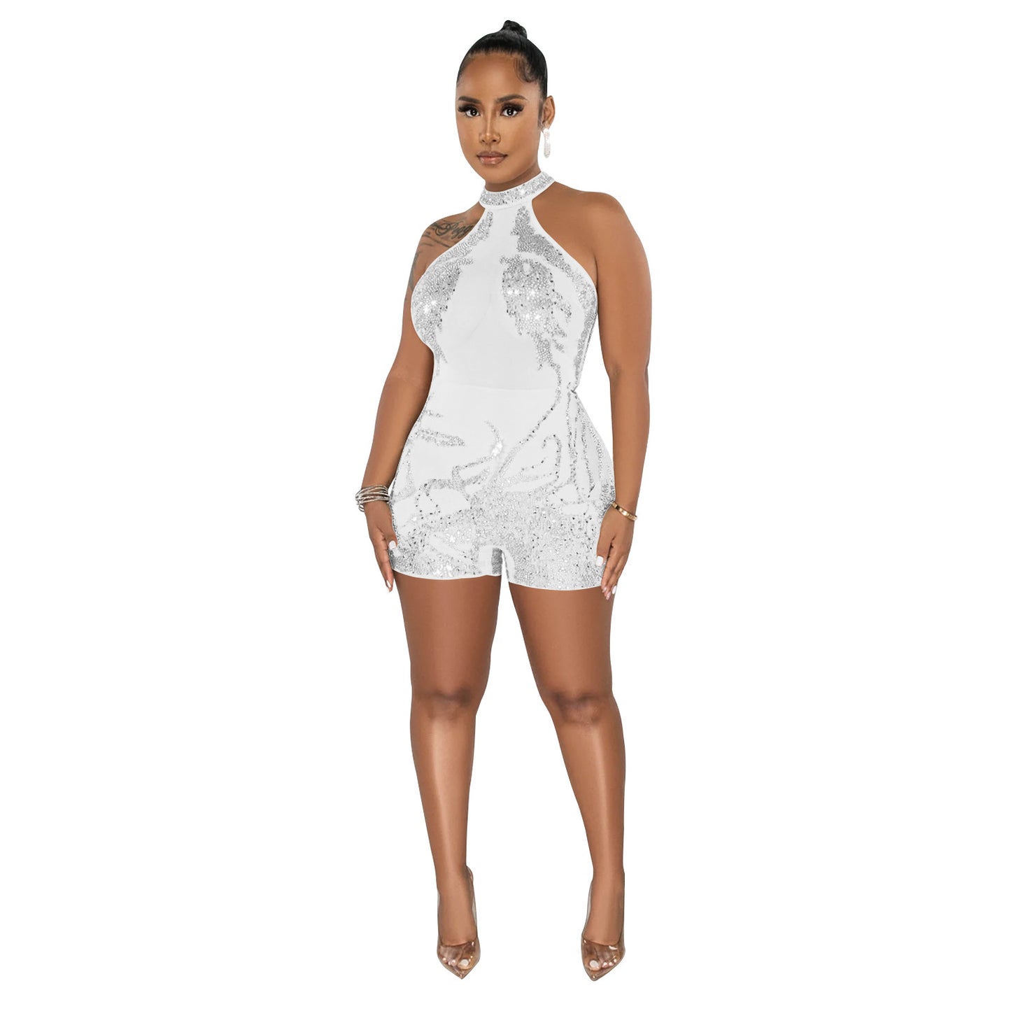 Dame Glamourøs Bodycon Jumpsuit med transparent overmateriale og funkende accenter Stilla