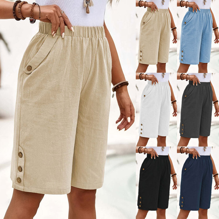 Dame Elegant og afslappet Sløjfe Shorts med sidelommer og dekorative knapper Stilla