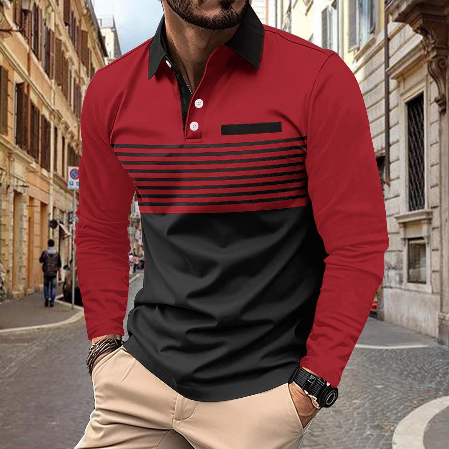 Herrer Langærmet Poloshirt med stilfuldt stribedesign og kravefokuseret snit Stilla
