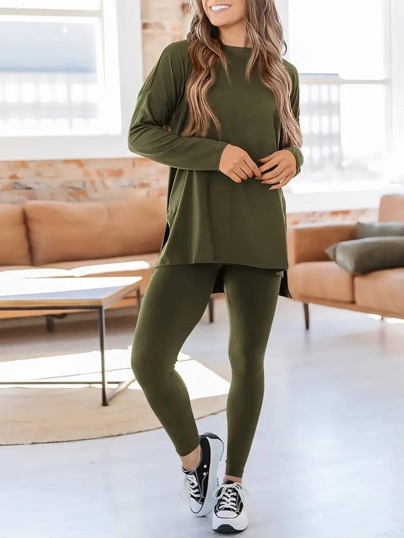Dame Sporty Lang Tunika Bluse og Leggings Sæt Stilla