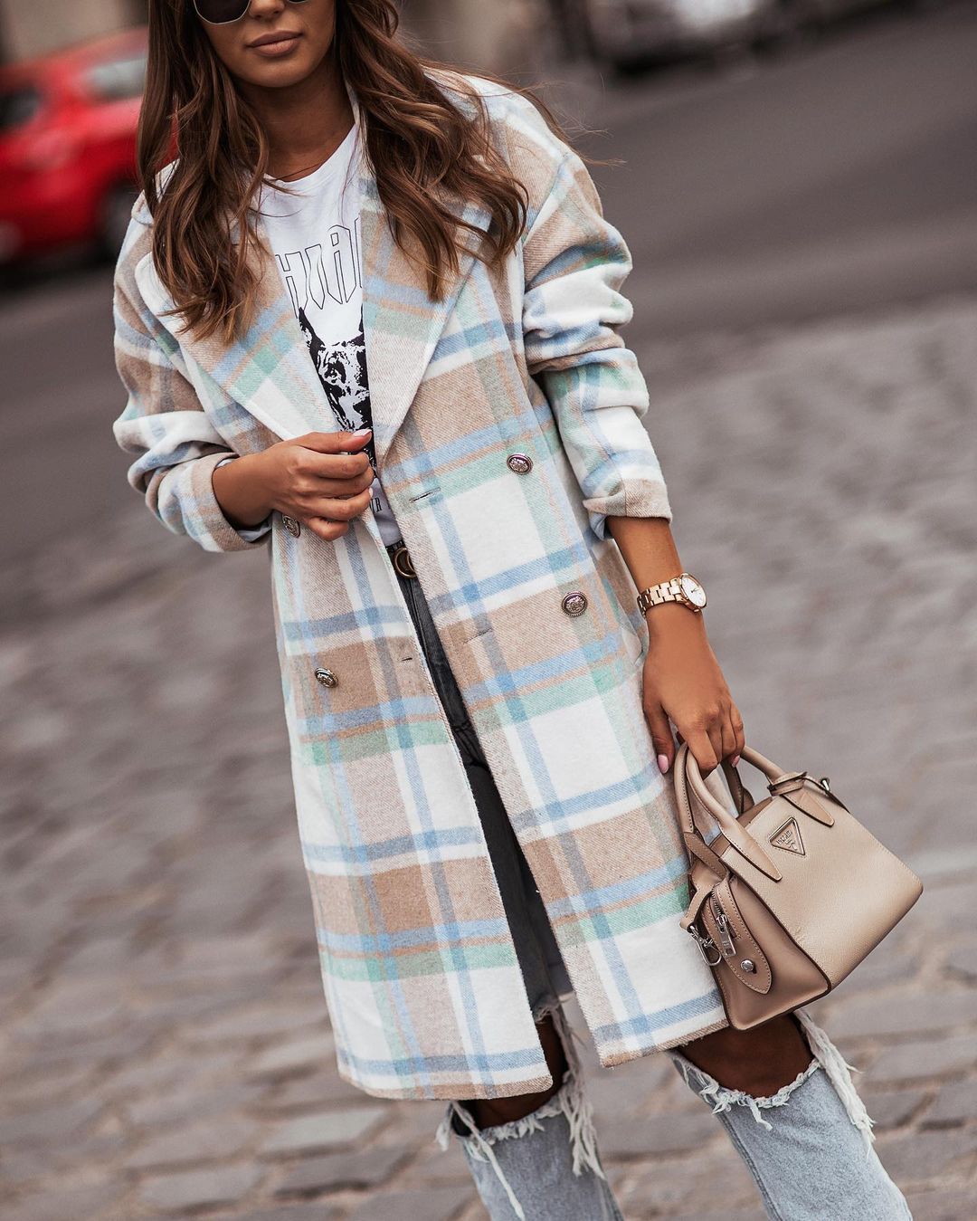 Dame oversized ternet frakke med dobbelt knaplukning og dybe lommer Stilla