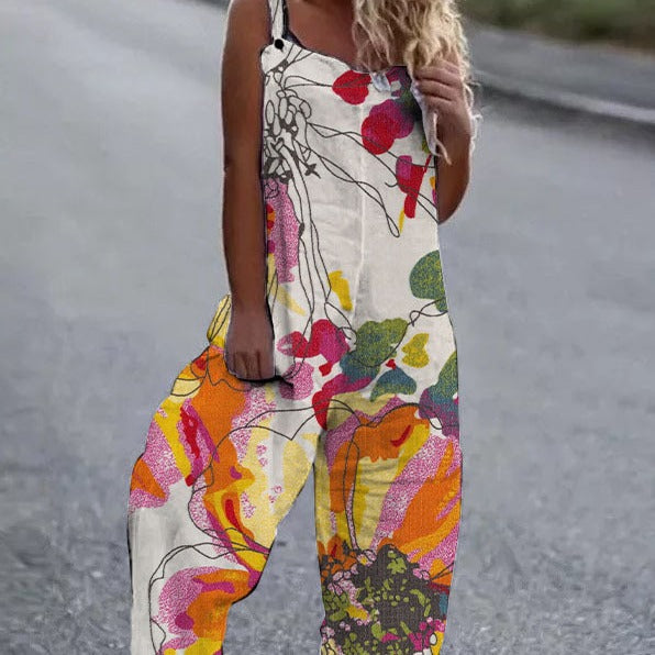 Dame luftig jumpsuit med farverigt blomstermønster og justerbare stropper Stilla