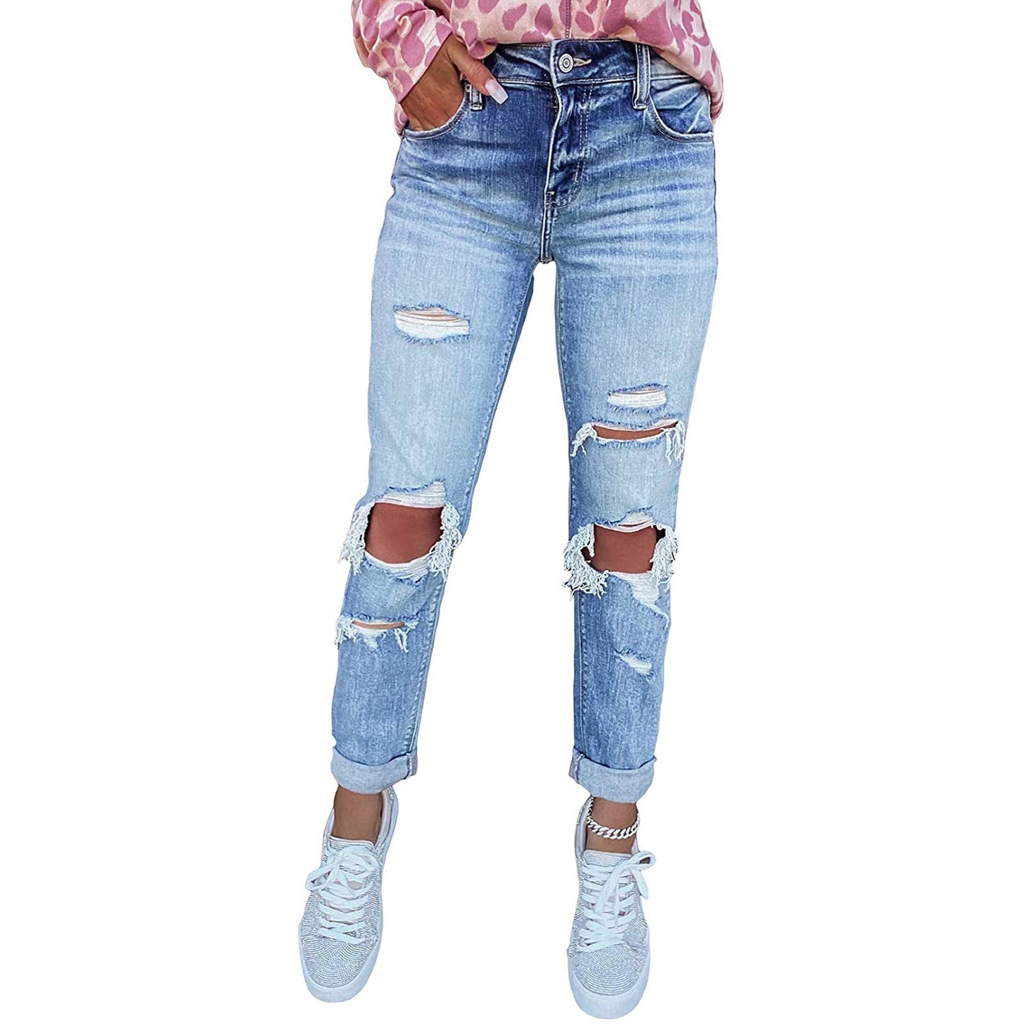 Femme High-Rise Distressed Boyfriend Jeans Stilla