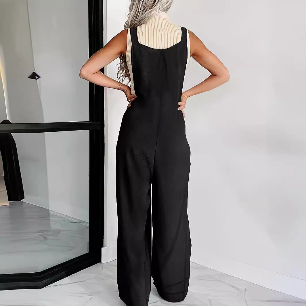 Dame casual jumpsuit med justérbare skulderstropper og sidelommer Stilla
