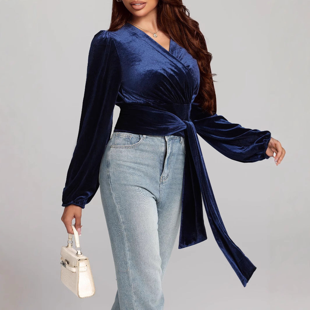 Dame elegant indpakningsbluse med flæseærmer Stilla