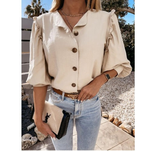 Dame Elegant Knap-up Bluse med Pufærmer Stilla