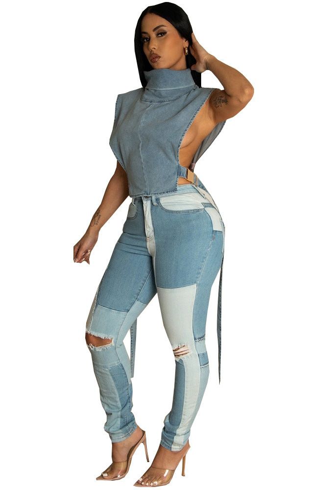 Stilla | Højkrave Ærmeløs Denim Kort Vest