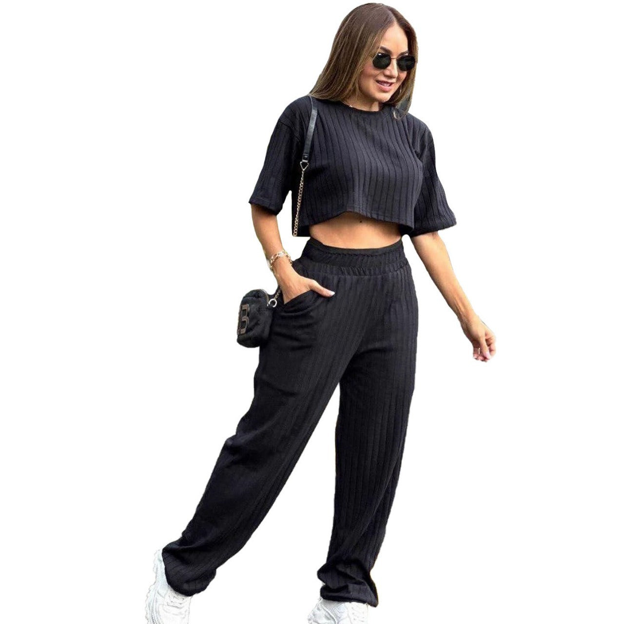 Dame Kortærmet Crop-Top med matchende Løse Bukser Stilla