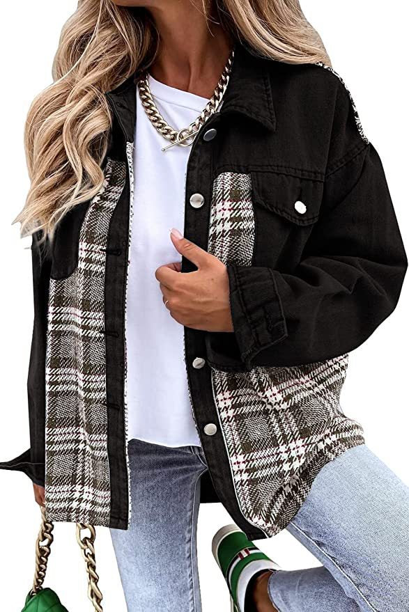 Dame Oversized Jeansjakke med ternet mønster og knapdetaljer Stilla