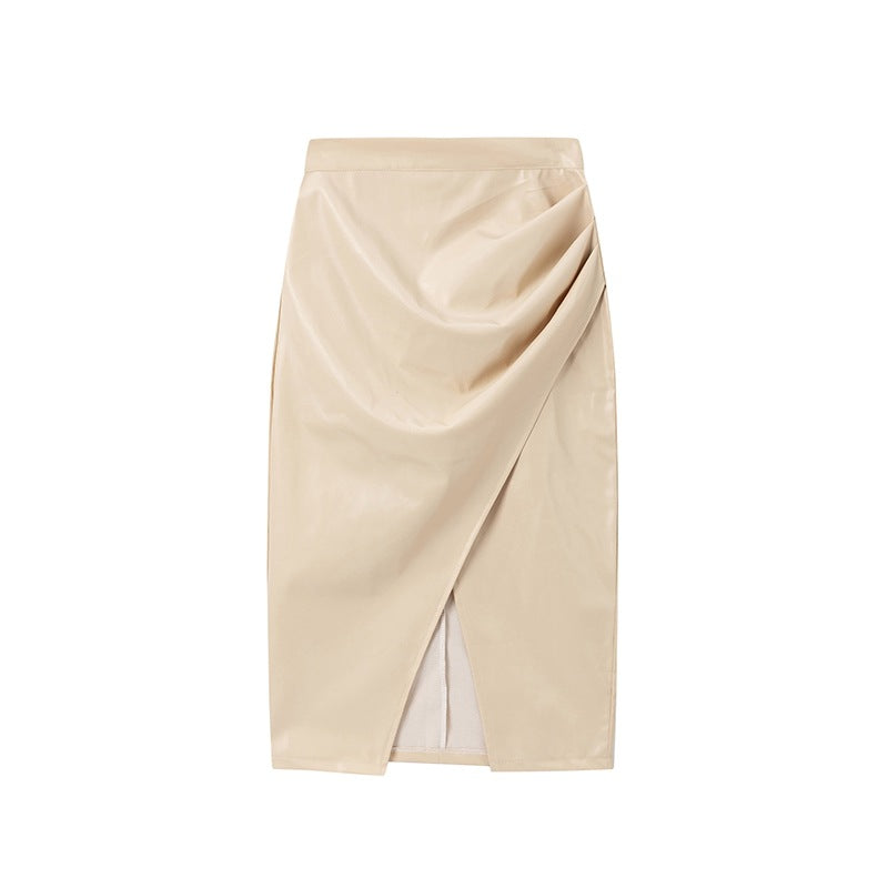 Dame draperet kunstlæder midi nederdel Stilla