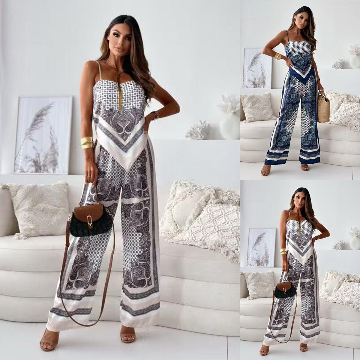 Dame elegant jumpsuit med fine stropper og unikt mønster Stilla