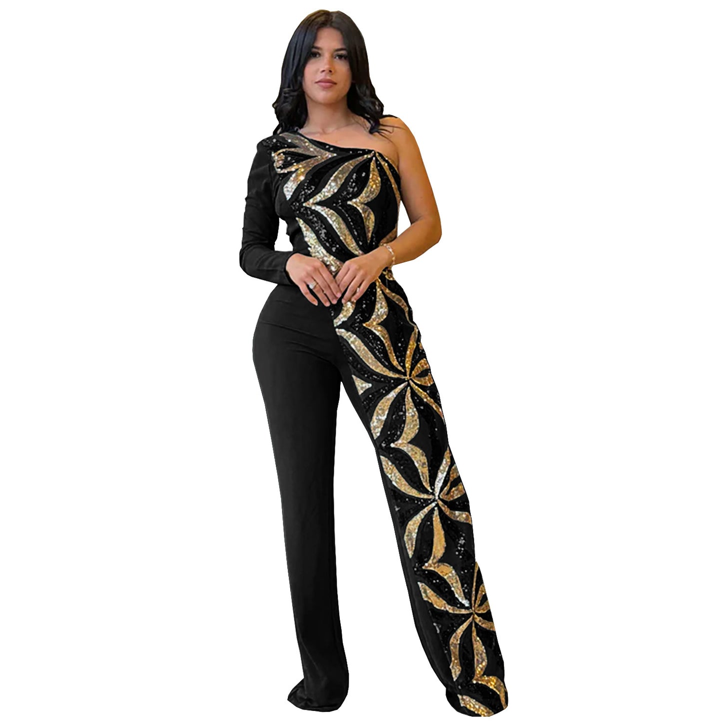 Dame Elegant Jumpsuit med asymmetrisk snit og glitrende applikationer Stilla
