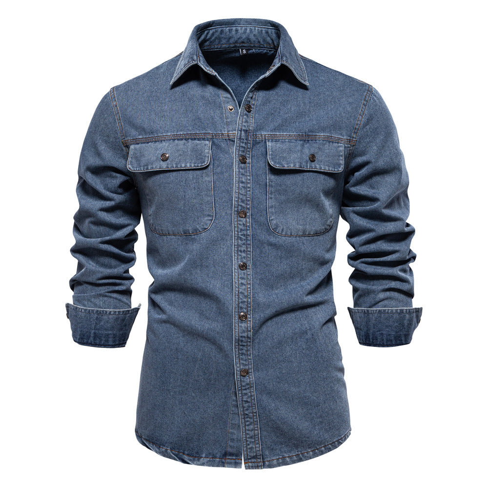 Herren denim skjorte med struktureret stof og praktiske brystlommer Stilla
