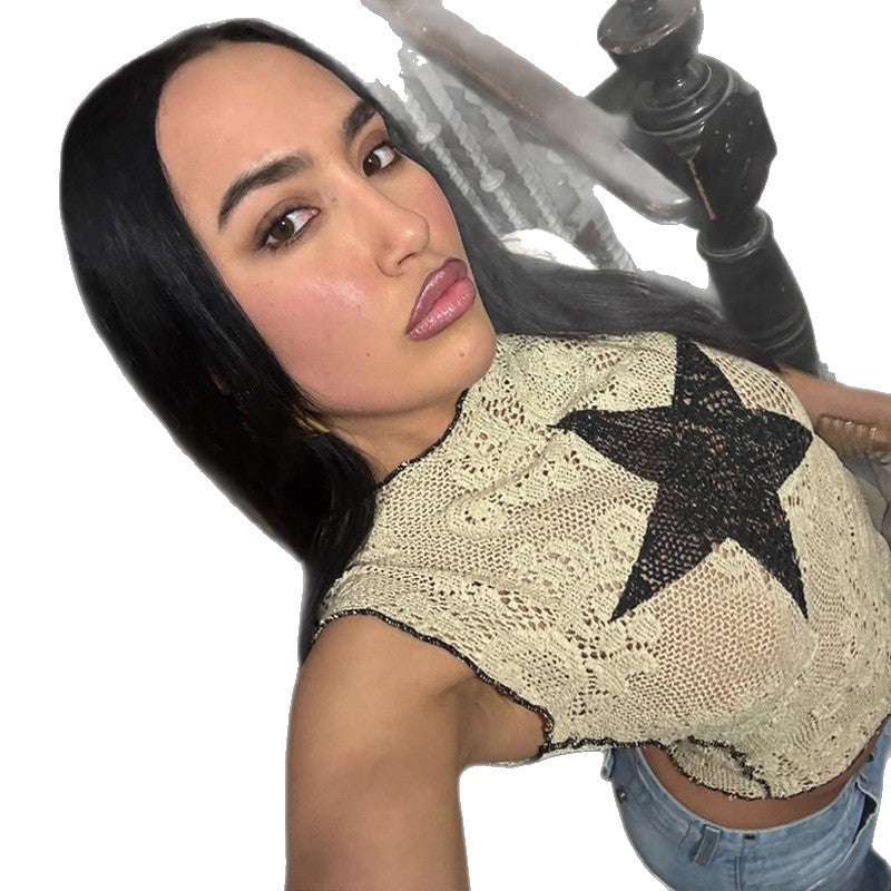 Dame Cropped Shirt med stjernedesign og netstof Stilla