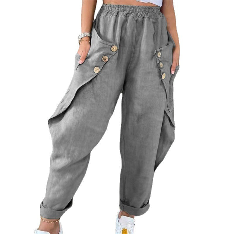 Dame Casual Cargo Bukser med Knapdetaljer og Bred Snit Stilla