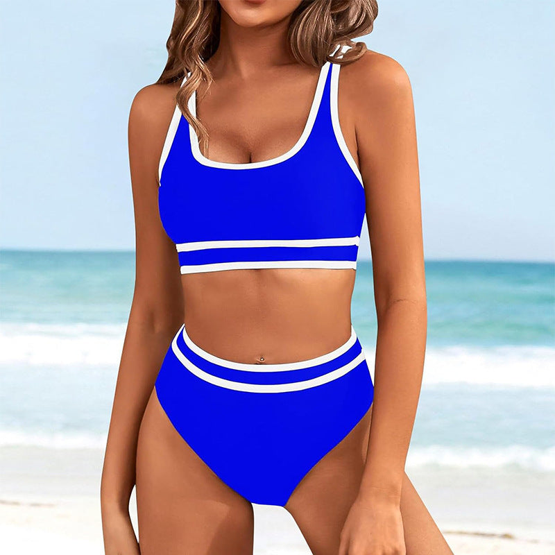 Dame Højtaljede Bikini-Sæt med sportslig Crop-Top og kontrasterende Ærmelydetails Stilla