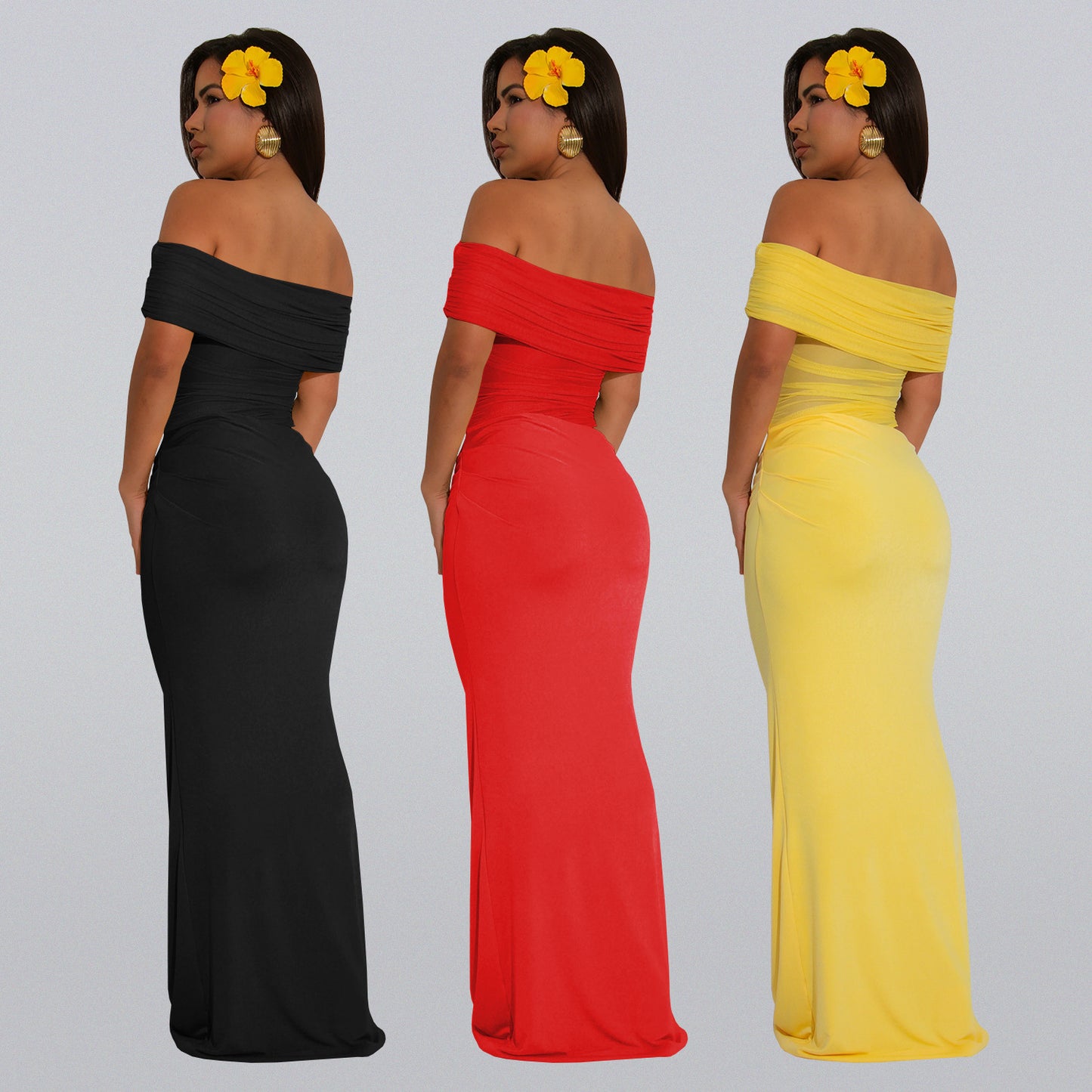 Dame Elegant Off-Shoulder-Maxi-Kjole med figursyet snit og rynk Stilla