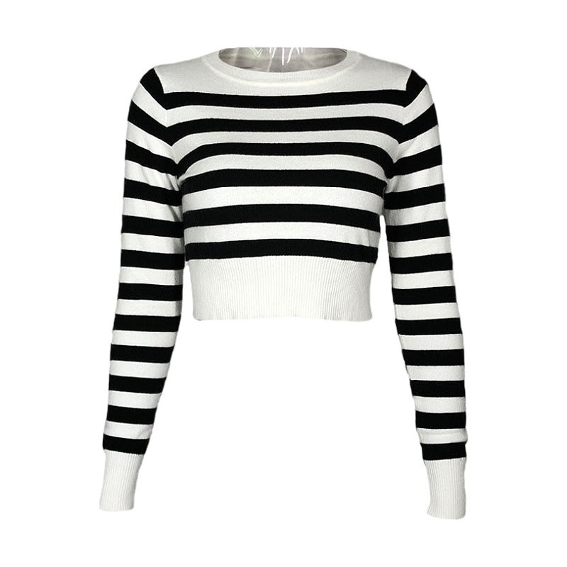 Dame Cropped Pullover med stribet design og elastisk afslutning Stilla