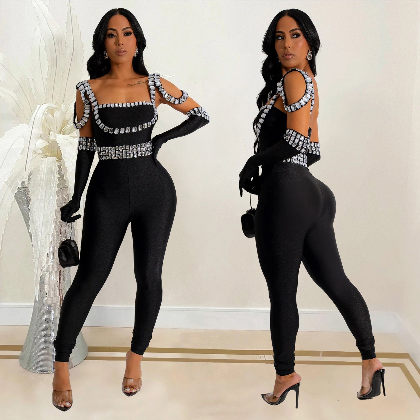 Dame Glamourøs Figurbetonet Jumpsuit med Strassdekorationer Stilla