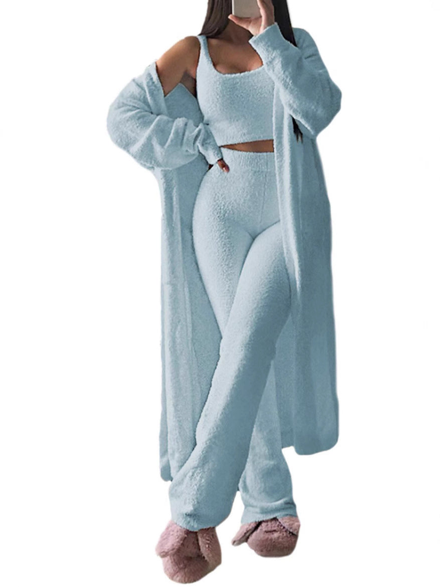 Dame komfortabel strik-loungewear-sæt med cardigan og dyb talje Stilla