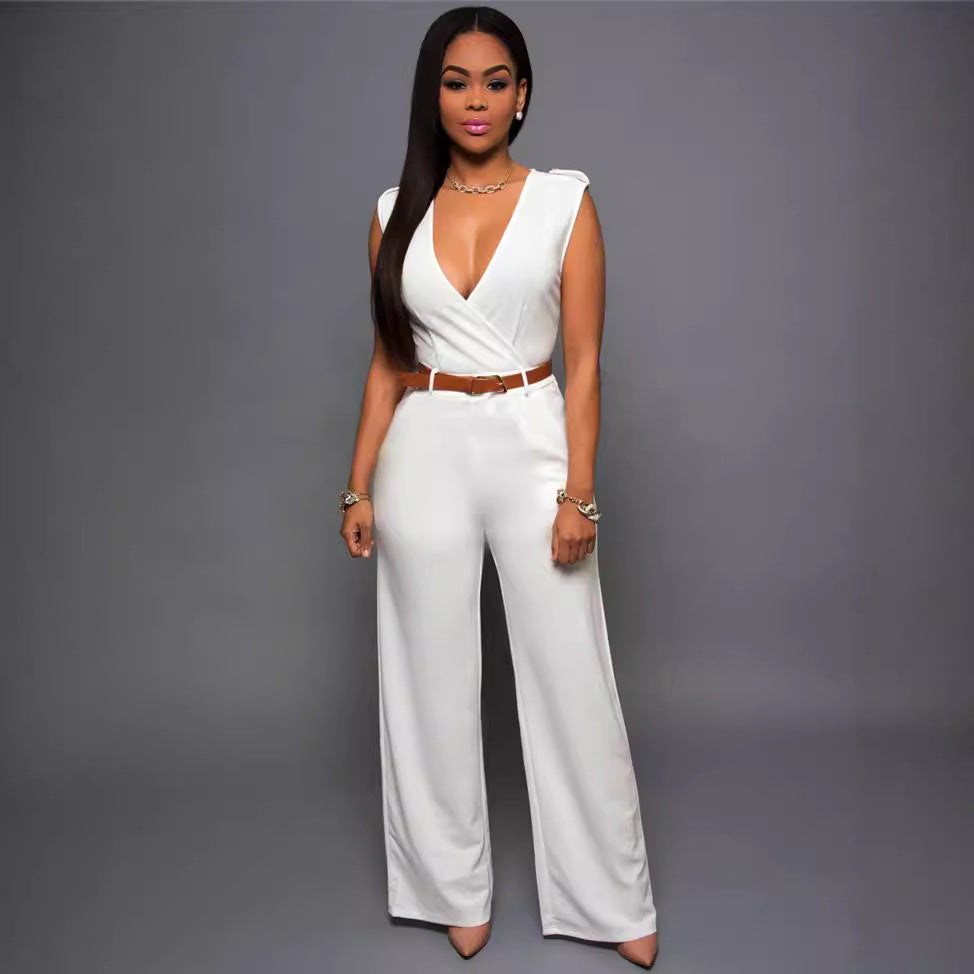 Dame Elegant jumpsuit med dyb V-hals og brede ben Stilla