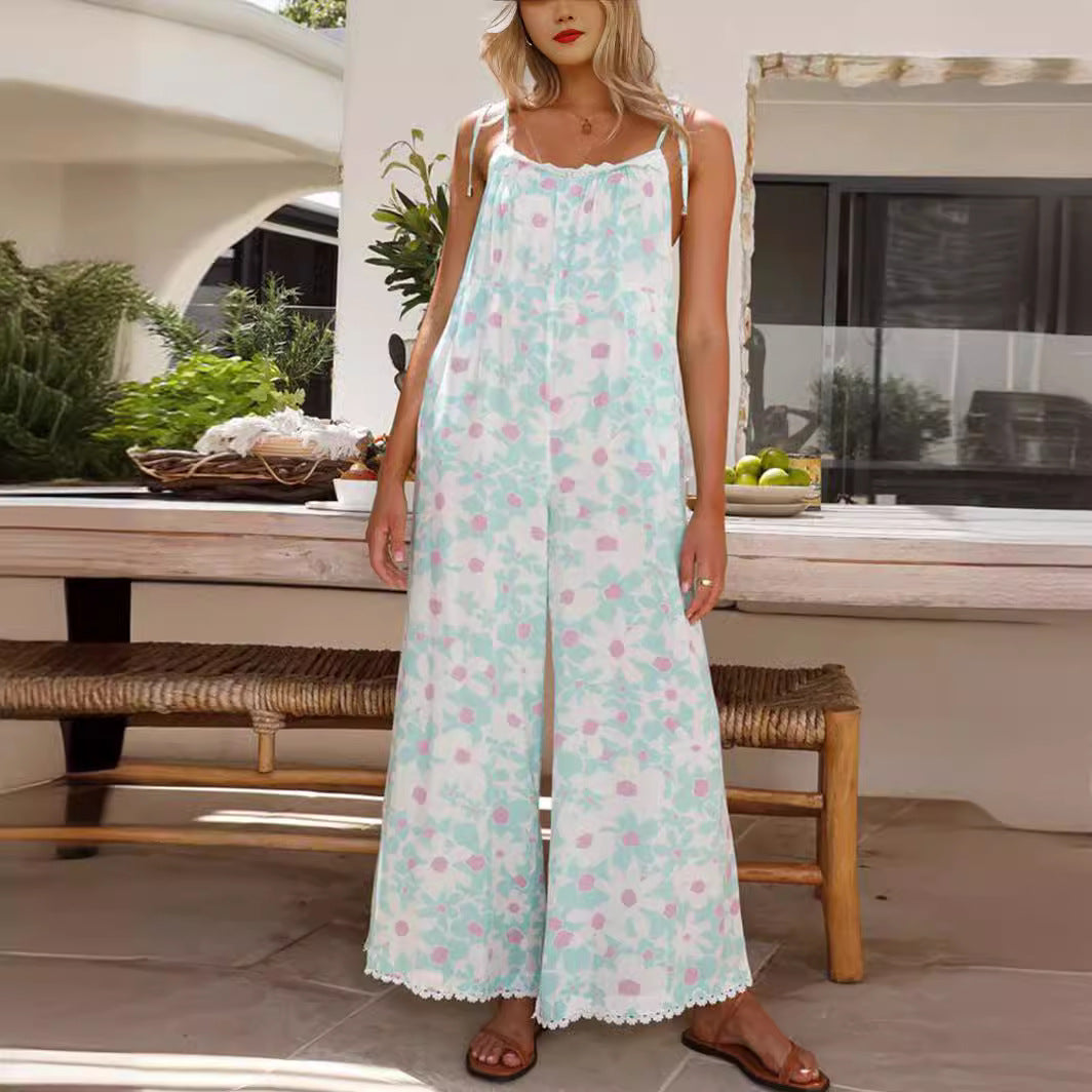 Dame luftig jumpsuit med blomstermønster og justerbare spaghetti-stropper Stilla