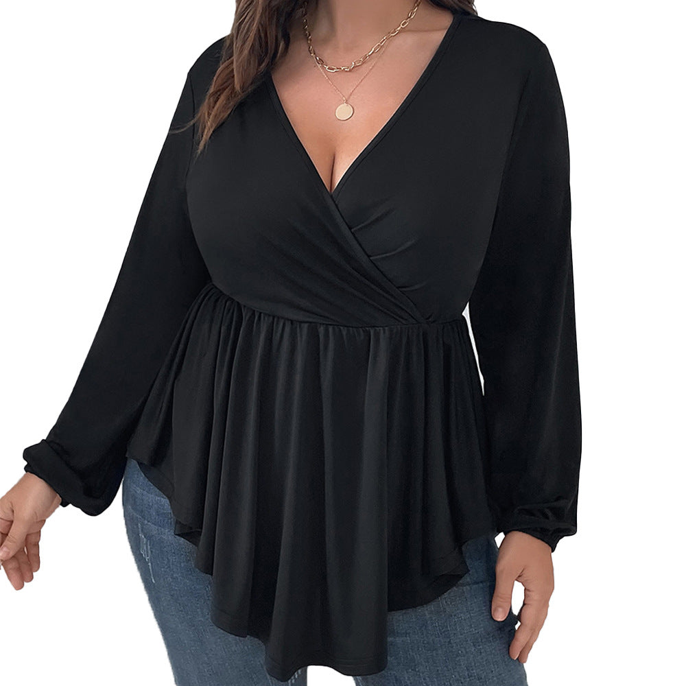 Dame elegant indpaknings top med svingende kant og V-udskæring Stilla