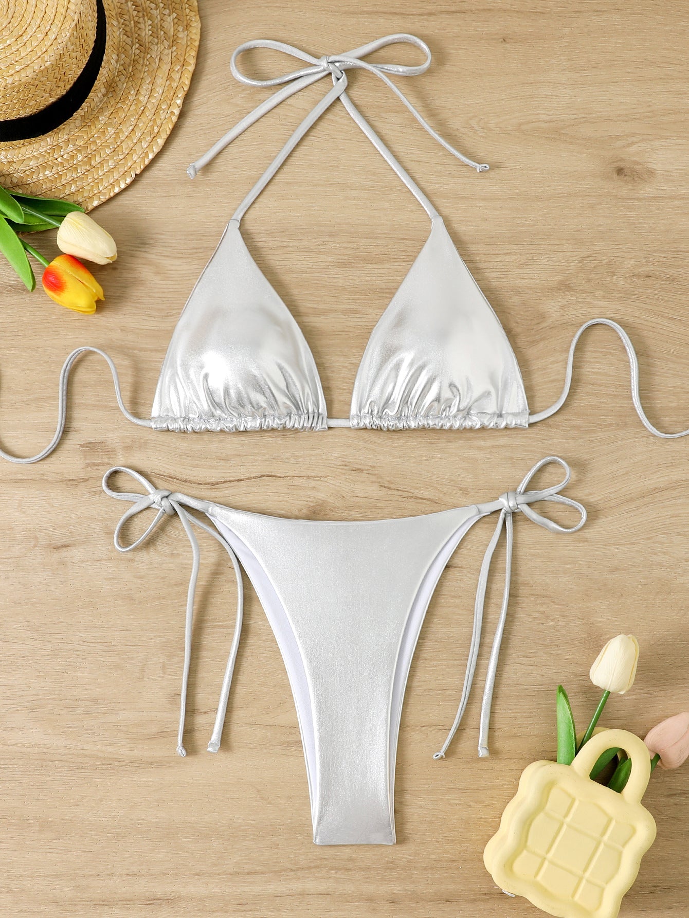 Dame Triangel-Bikini-Sæt med elegant raffinement og justerbare snore Stilla