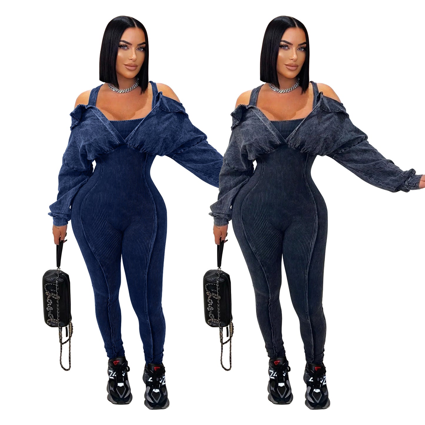 Dame mode jumpsuit med skulderfri flæser og figursyet silhuet Stilla