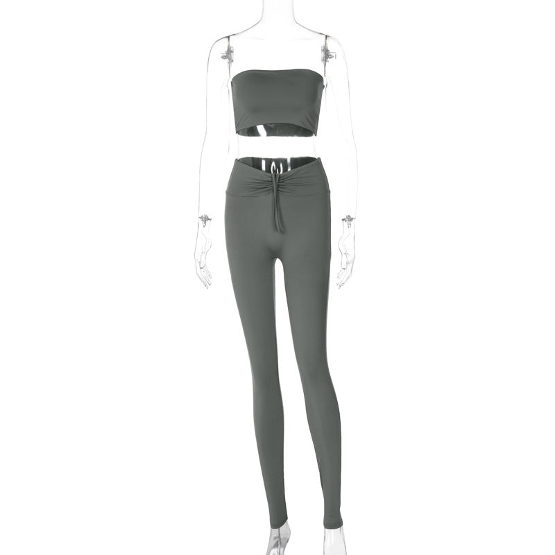 Dame Crop-Top og Leggings Sæt med raffineret rynkning og elastisk bånd Stilla