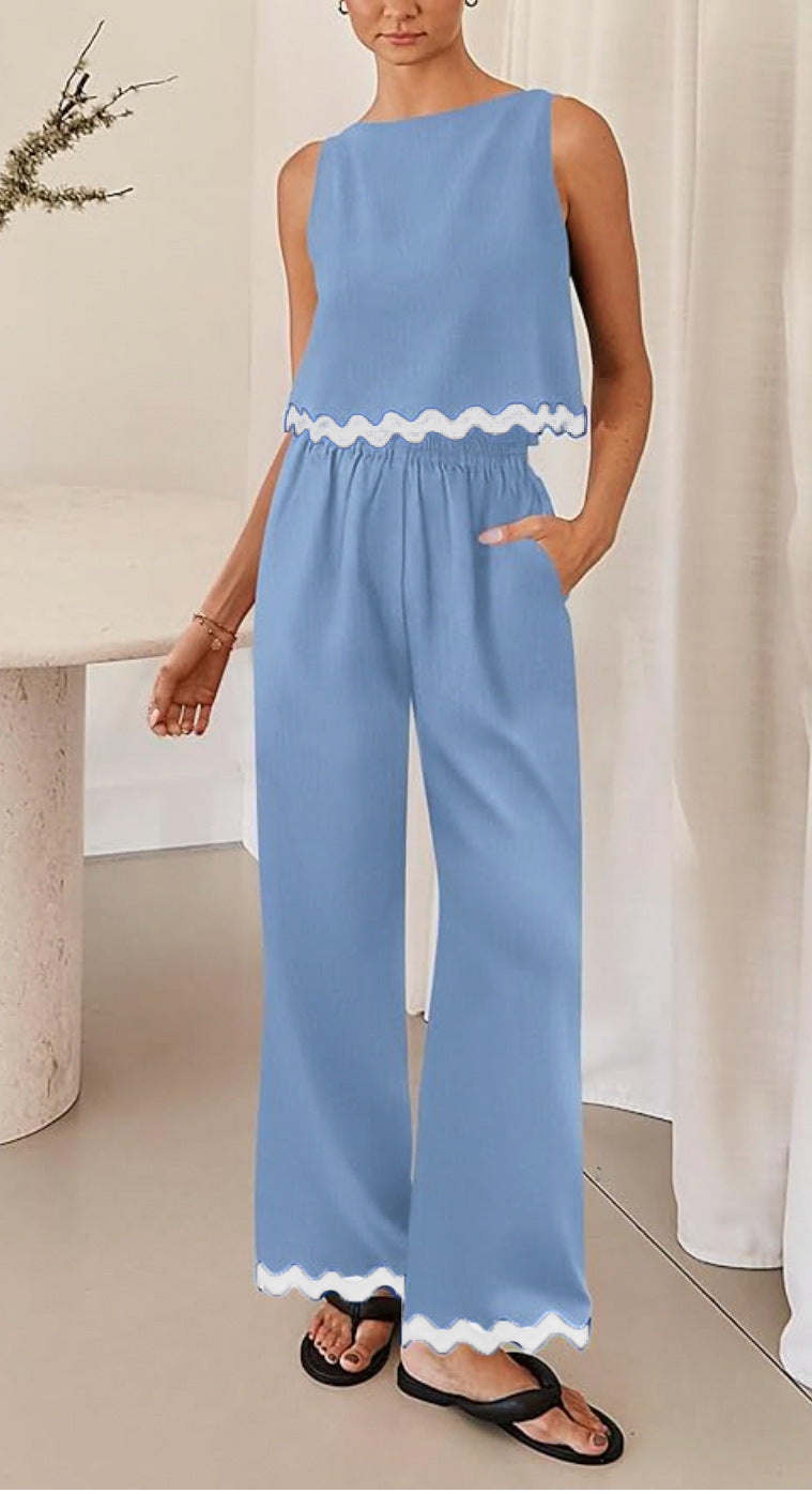 Dame trendy jumpsuit med bred ben og dekorativ bølgekant Stilla