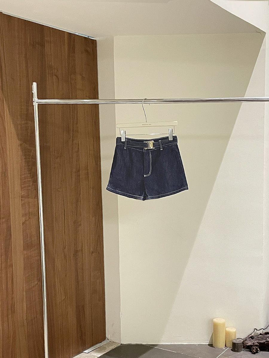 Dame denim-shorts med høj talje og bælt Stilla