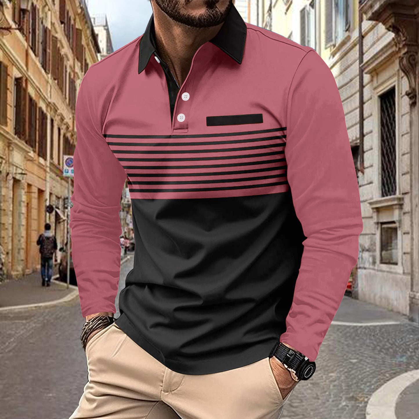 Herrer Langærmet Poloshirt med stilfuldt stribedesign og kravefokuseret snit Stilla