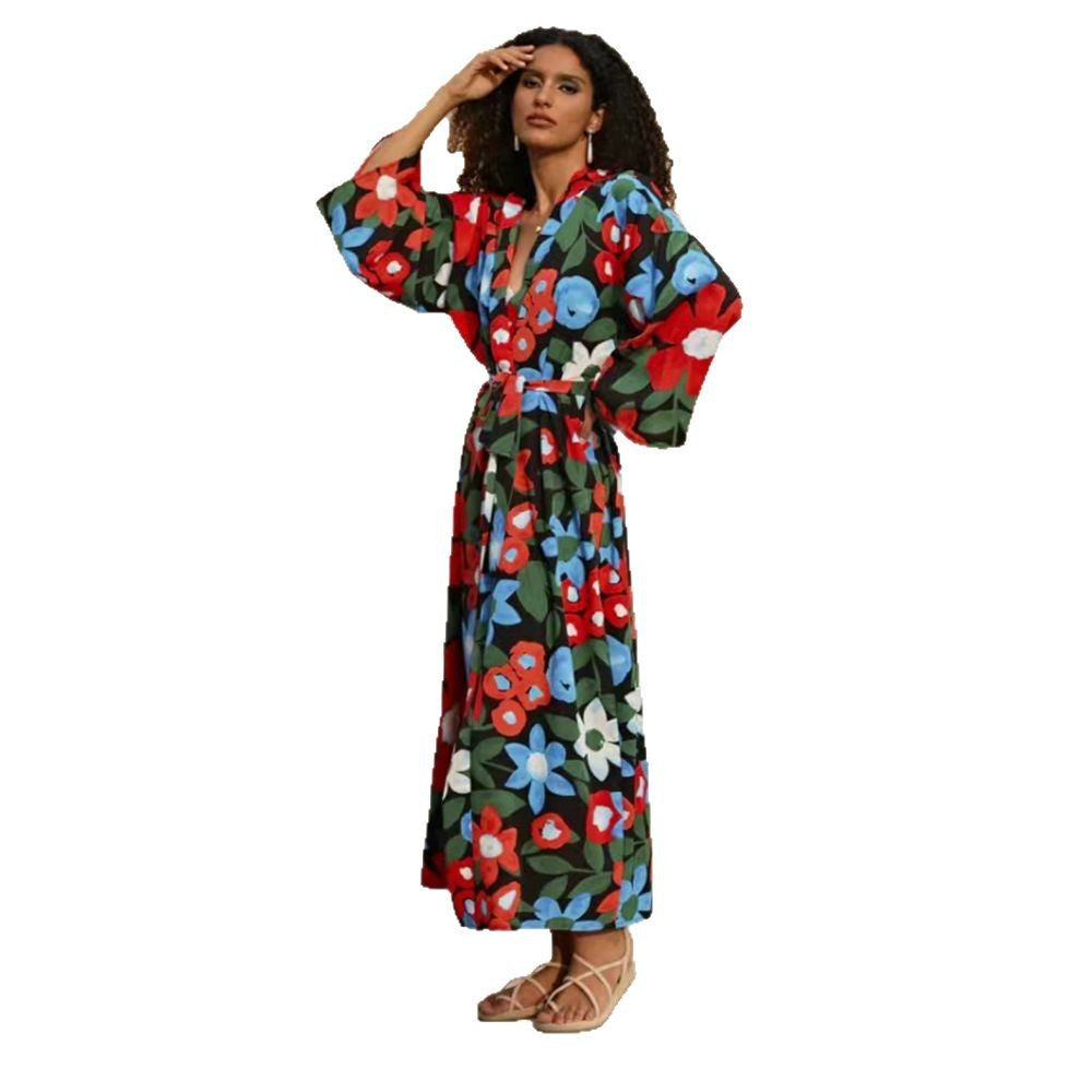 Dame elegant blomster-kaftan med sidelids Stilla